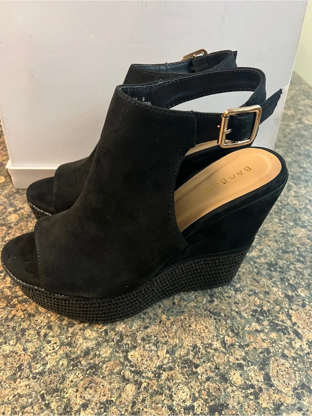 BAMBOO Black Suede Peep-Toe Wedge Sandals with Gold Buckle